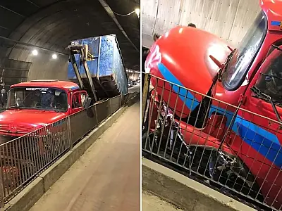 Caminhão perde o controle, bate em mureta e para na contramão em túnel do Guarujá