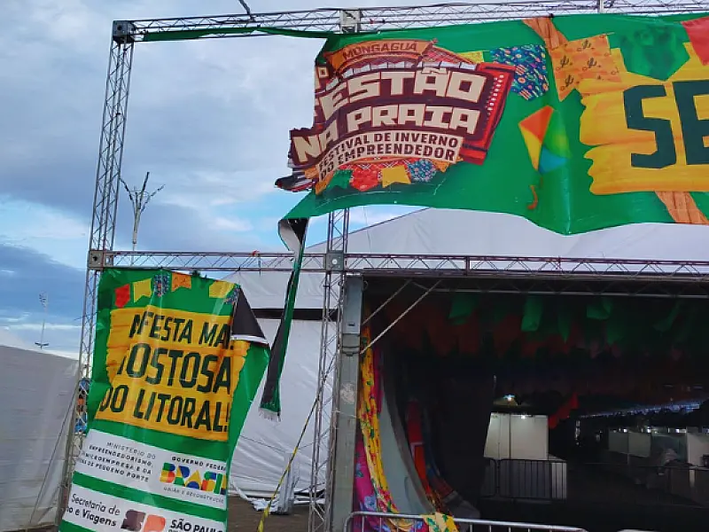Mongaguá reforça estrutura do Festão para resistir às novas rajadas de vento previstas para hoje