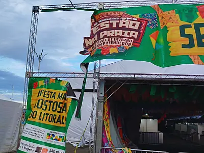 Mongaguá reforça estrutura do Festão para resistir às novas rajadas de vento previstas para hoje