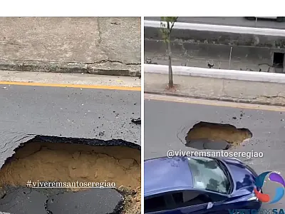 Cratera abre na Avenida Bernardino de Campos, canal 2, após passagem de caminhão