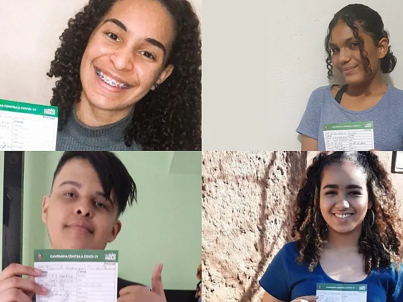 Olha a selfie! Em Guarujá, adolescentes de 13 e 14 anos comemoram vacinação contra a Covid-19