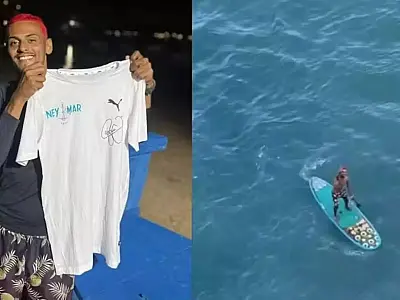 Homem usa prancha para nadar até cruzeiro de Neymar