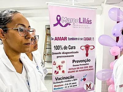 Saúde de São Vicente promove ação alusiva ao Março Lilás em conscientização contra o câncer de colo