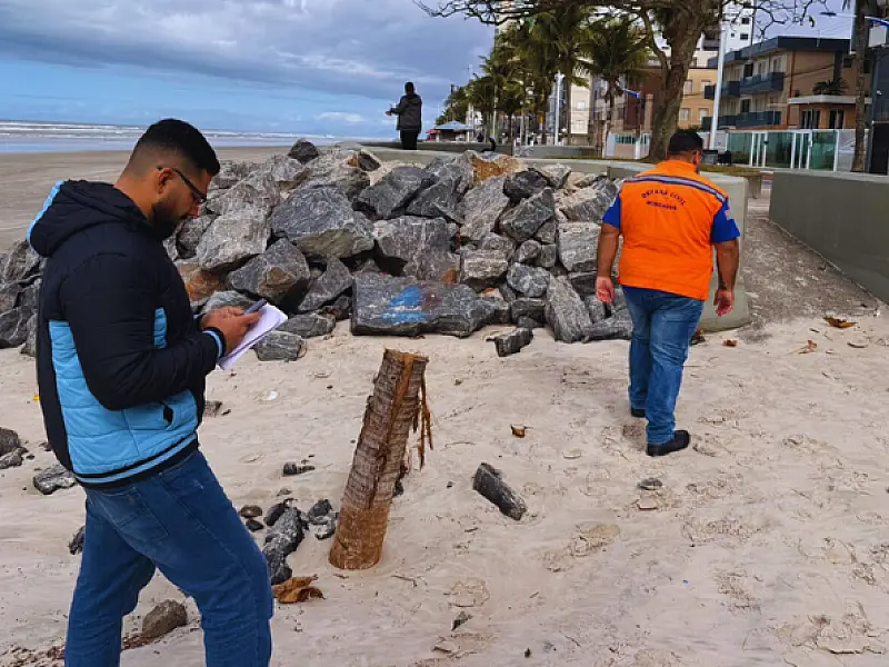 Obras na orla de Mongaguá recebem vistoria da Defesa Civil Nacional
