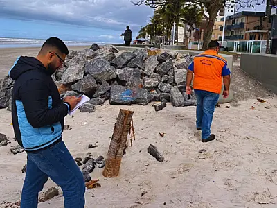 Obras na orla de Mongaguá recebem vistoria da Defesa Civil Nacional
