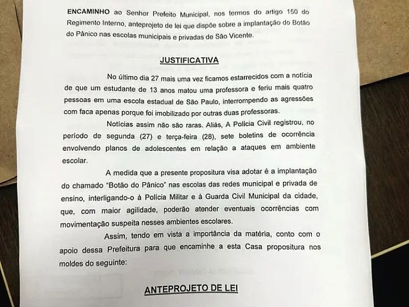 Vereador de São Vicente quer implantar nas escolas 'Botão do Pânico' para emergências