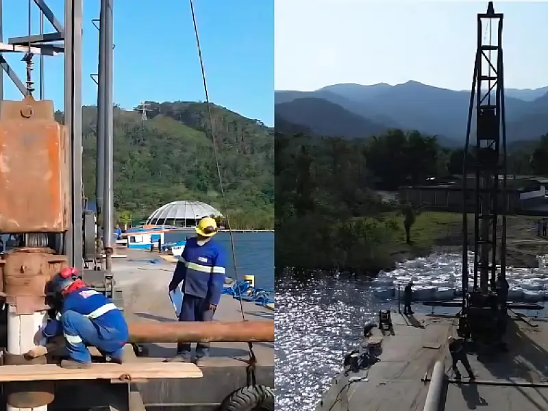 Termina o estaqueamento para a construção de dois píeres e fonte no Portinho Caruara, em Santos