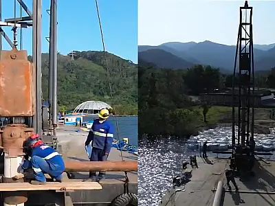 Termina o estaqueamento para a construção de dois píeres e fonte no Portinho Caruara, em Santos