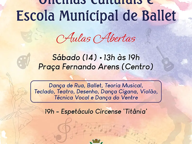 Aulas abertas das oficinas culturais acontecem, neste sábado, dia 14