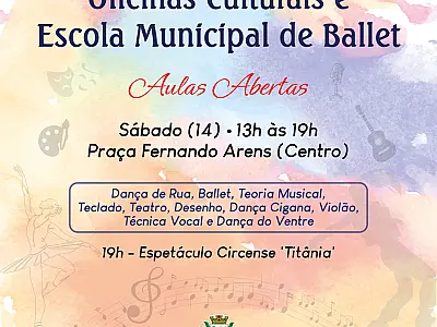 Aulas abertas das oficinas culturais acontecem, neste sábado, dia 14