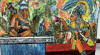Exposição reúne 30 obras sobre povos originários no saguão da Secretaria da Educação de São Vicente