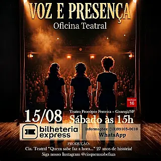 Oficina Teatral "Voz e Presença" é opção educativa neste sábado (15) em Guarujá