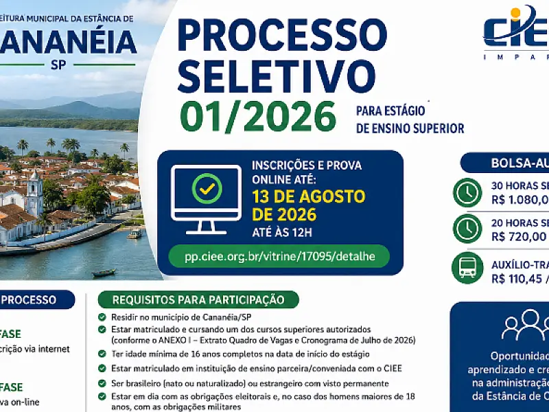 Prefeitura de Cananéia abre processo seletivo de estágio para estudantes do Ensino Superior