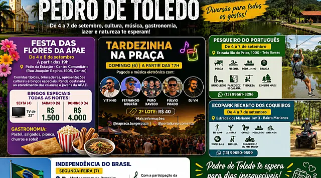 Pedro de Toledo terá feriado prolongado com música, cultura, lazer e turismo