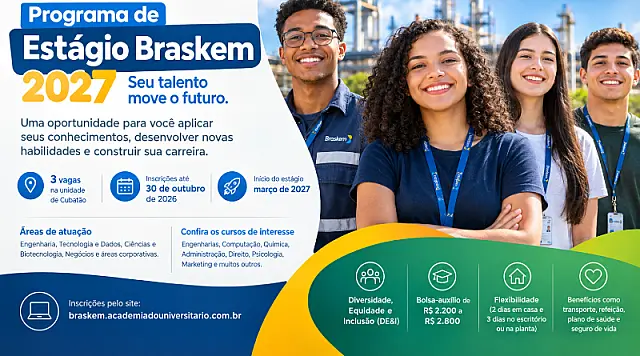 Braskem oferece três vagas de estágio em Cubatão pelo Programa de Estágio 2027