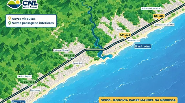 CNL inicia desvios na Padre Manoel da Nóbrega para construção de viadutos em Itanhaém