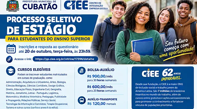 Prefeitura Municipal de Cubatão está com inscrições abertas para Programa de Estágio